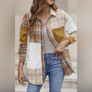 Women’s Flannel Long Sleeve Plaid Color Block Patchwork Shirt Jacket with Pocket